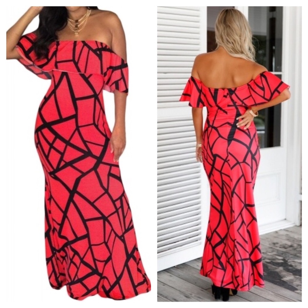 Red Black Off-the-shoulder Maxi Dress- stretch